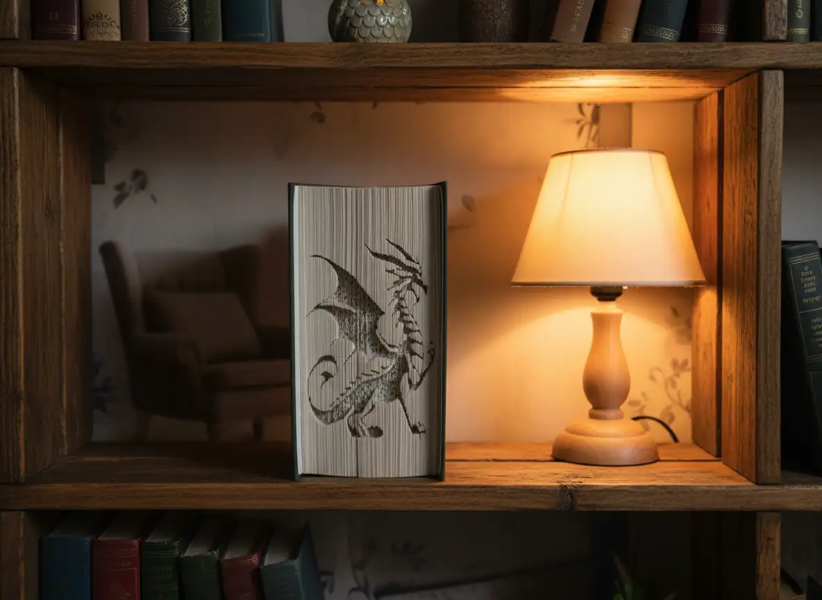 Dragon. Livre plié et découpé à la main.