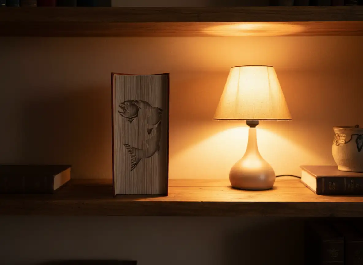 Poisson et Pêcheur. Livre plié et découpé à la main